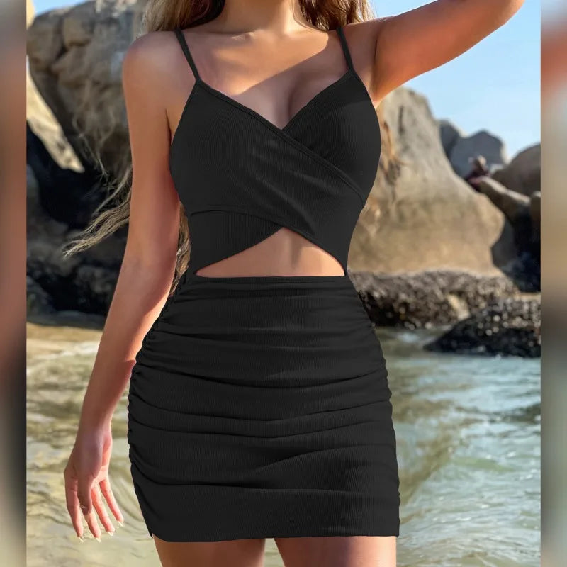 Women Sexy Cutout Bodycon Dress Euro Style Cross Back Straps Hollow Out Nightclub Party Evening Outfit Slim Fit Stretchy Dress