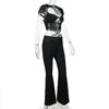FAGADOER Sexy Lace See Through 2 Piece Sets Woman Outfit Hollow Out Crop Top + Flare Pants Female Y2K Streetwear Summer Spring