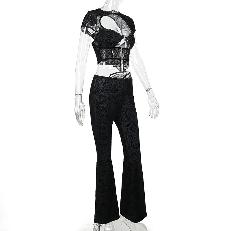 FAGADOER Sexy Lace See Through 2 Piece Sets Woman Outfit Hollow Out Crop Top + Flare Pants Female Y2K Streetwear Summer Spring