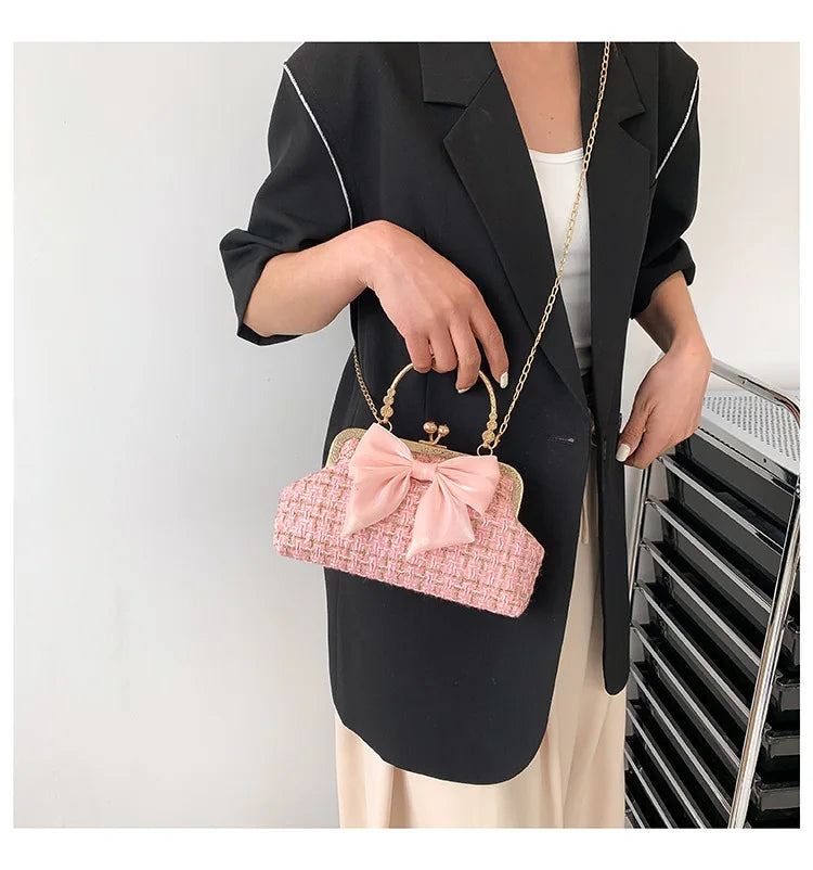 Glittering Chain Plaid Pattern Evening Bag For Women Bow Decor Shoulder Bag, Fashionable Elegant Clutch, Women‘s Crossbody Bag