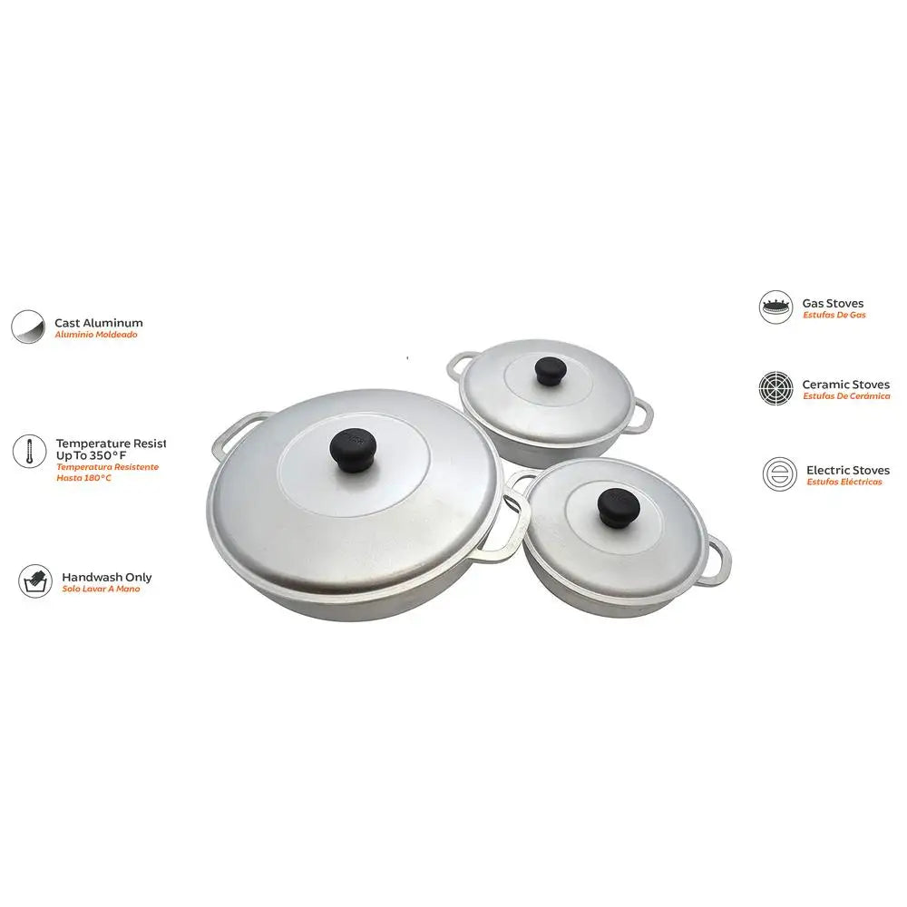 Colombian Cast Aluminum Caldero Set with Lid Rice Beans Meat Stews 3-Piece Traditional Design Seasoned Finish Oven Safe Variety