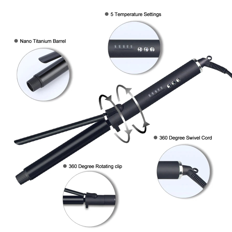 Professional Rotating Curling Iron Hair Curling Roller Nano Titanium Black Hair Curler With 230 Degree