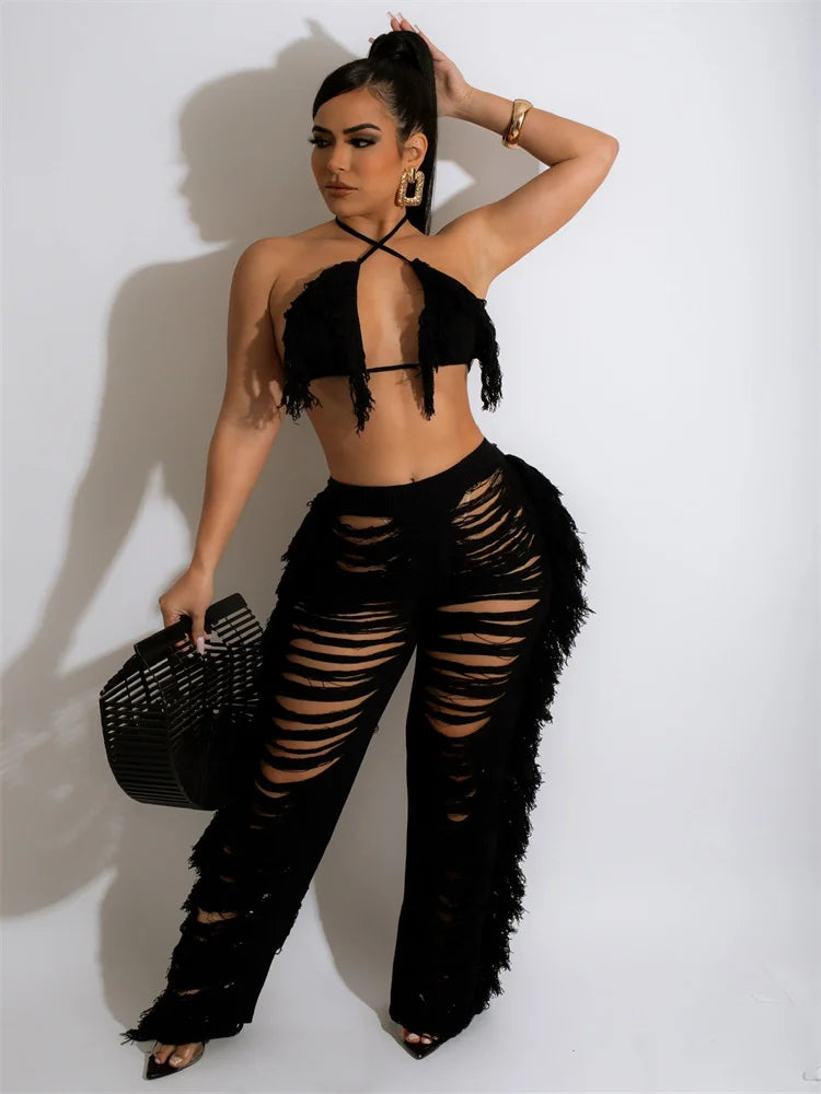 RT Sexy Women Crochet Set Two Pieces Set Halter Backless Top Pants Tassels Knitted 2 Pieces Set Hollow Out Crocheted Beach Set