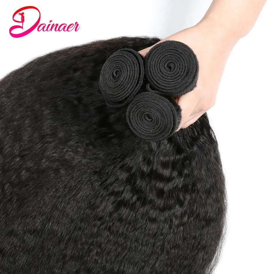 Kinky Straight Human Hair 3 Bundles With Closure Yaki Straight Hair Bundles With 4x4 Closure Human Hair Bundles With Closure