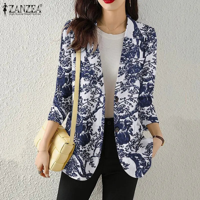 Women Autumn Blazer Retro Printed Coats Casual Long Sleeve Floral Outerwear ZANZEA Female Single Button Lapel Jackets Oversize