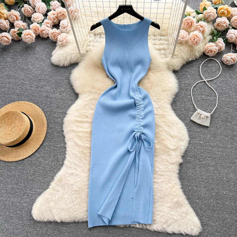 YuooMuoo Fashion Summer Bodycon Knitted Dress Sexy Package Hips Drawstring Split Black Women Dress Basic Lady Party Vestidos
