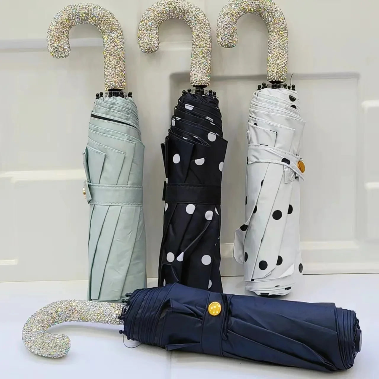 Bling Rhinestone Hook Handle Umbrella Automatic Folding Hook Handle Sunshade UV Protection Rainproof Portable Umbrella Rain Gear