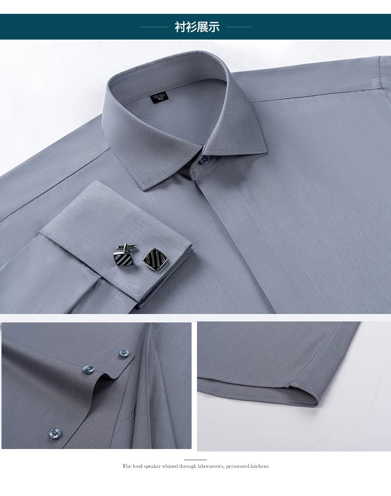 Men's French cufflink shirt with long sleeves slim fit concealed buttons solid color high end wedding dress formal men's