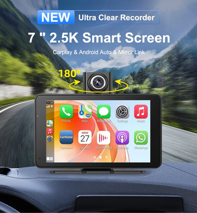 Jansite 7" Car DVR 2.5K Dash cam Wireless Carplay Android Auto Front and Rear Camera Dashboard Driving Recorder Dual Lens Wifi