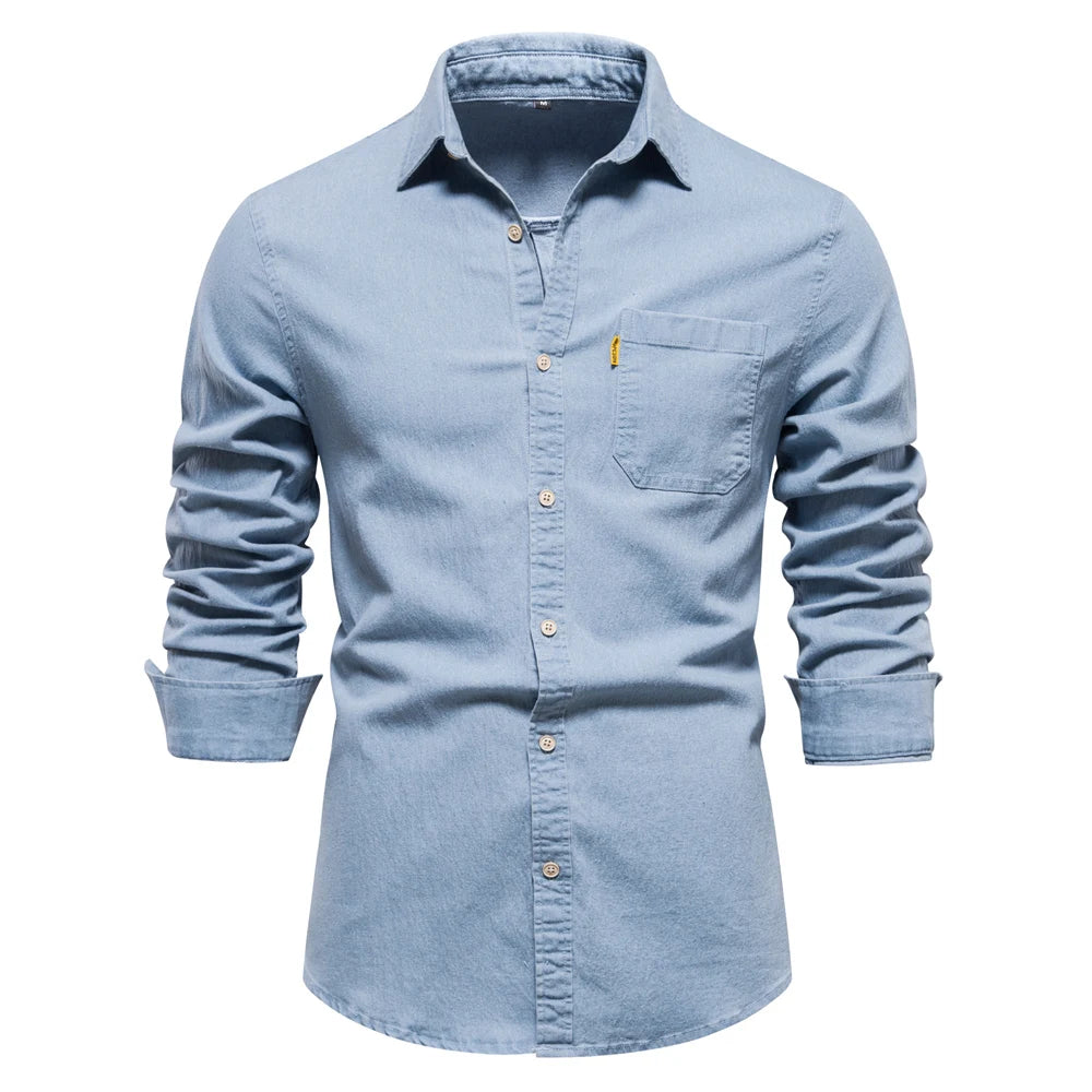 AIOPESON Autumn New Cotton Men's Denim Shirt Solid Color Single Pocket Casual Long Sleeve Shirt Autumn Jeans Shirt for Men