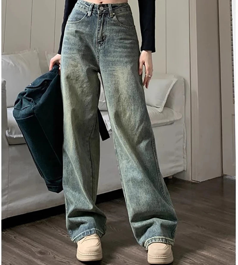 Retro Washed Vintage Jeans For Women In Autumn And Winter High Waisted Straight Leg Loose Wide Leg Pants Casual Pants