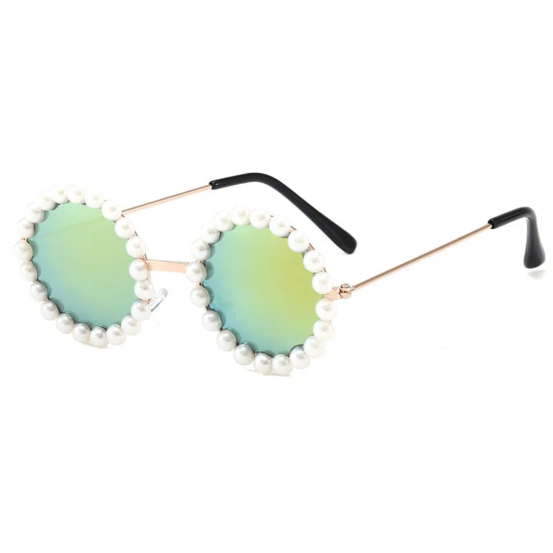 New Children's Circle Form Sunglasses Girl Decorative Pearl Frame Fashion Sun Glasses Cute Baby Outdoor Sunshade Eyewear UV400