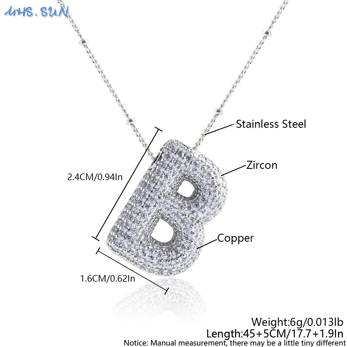 MHS.SUN High Quality Bubble Initial Necklace Letter A-Z Silver Color Zircon 26 Initial Balloon Pendant For Women Men Jewelry