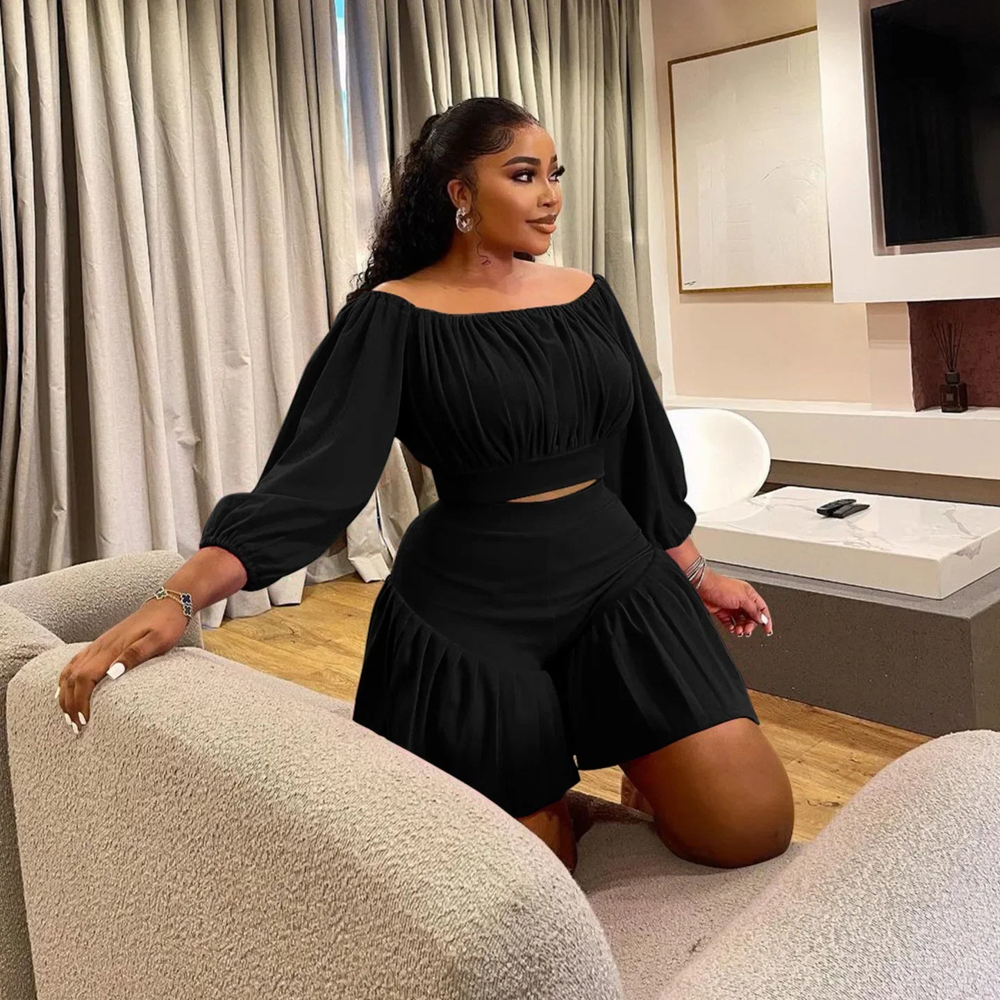 Customized Plus Size Women's Set Long Sleeve Slash Neck T-Shirt and Shorts 2025 Summer Ruched Two 2 Piece Set Outfits Tracksuit