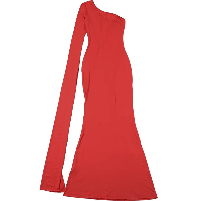 DSMTRC Solid Trend Incline Shoulder Lengthen Single Sleeve Hollow High Street Women Maxi Dress Sexy Elegant Vestidos Attirewear