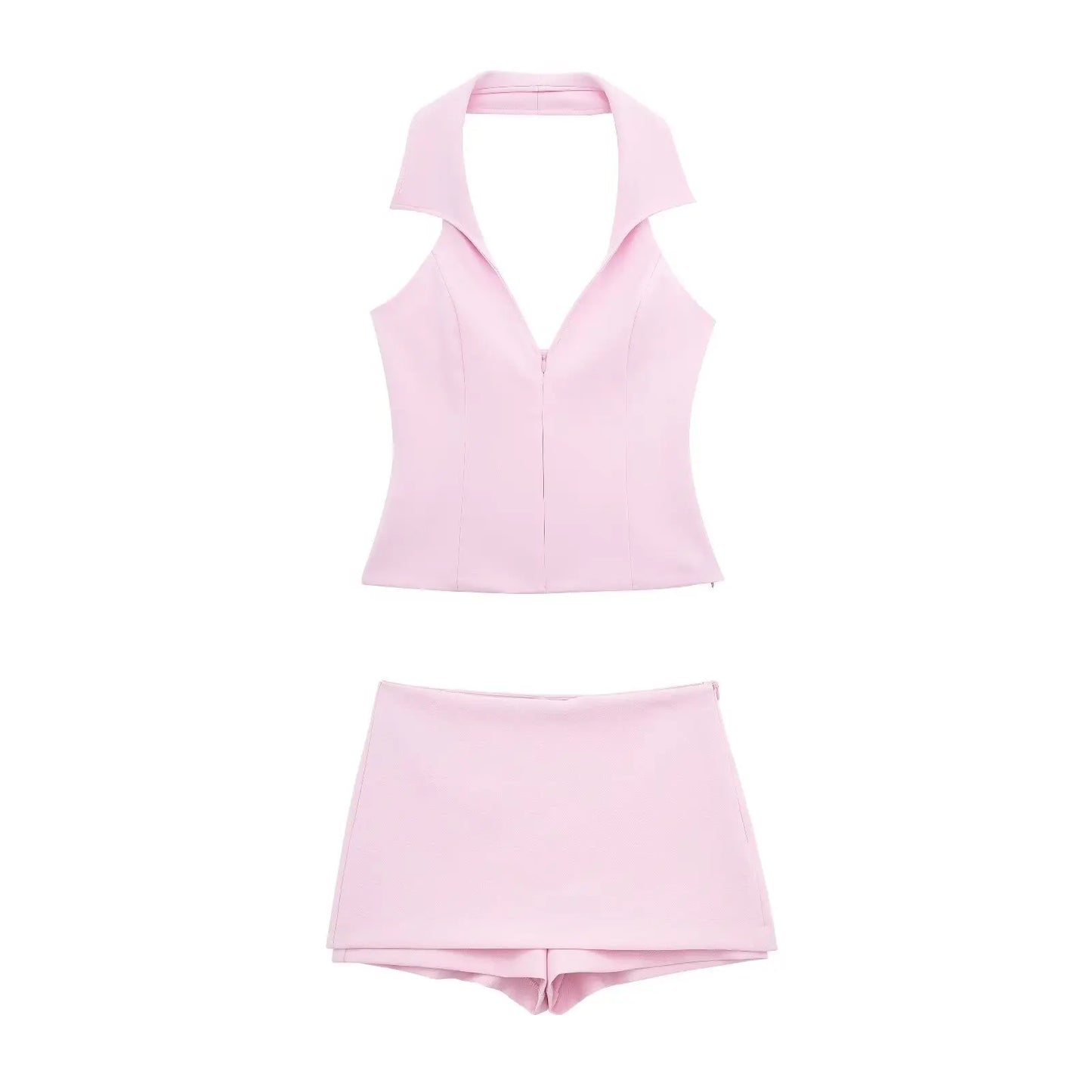 HH Women Pink 2 Piece Set Sexy V-Neck Sleeveless Backless Suspender Zipper Top+High Waist Back Pocket Mini Skirts Shorts Y2K