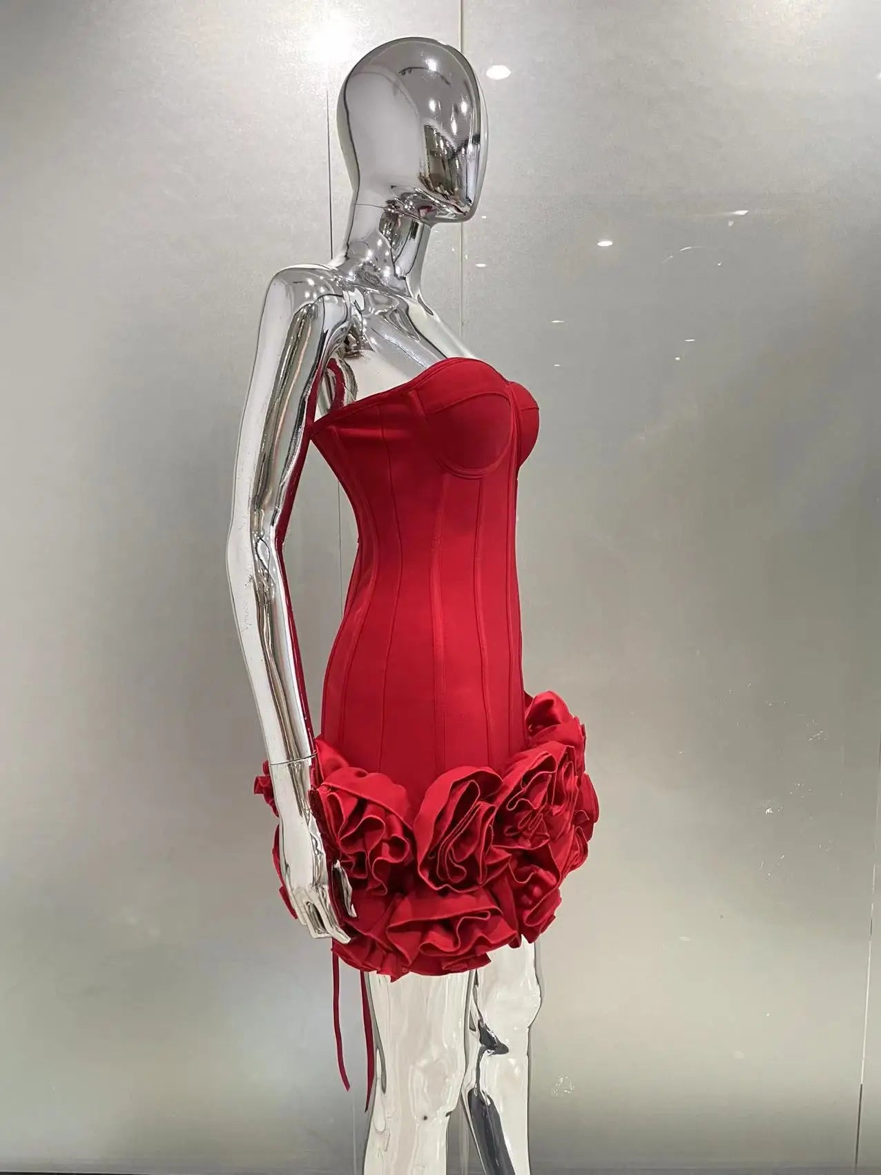 Red Color Women Sexy Strapless Ball Gown Mini Fashion Celebrity Nightclub Party Dress Birthday Cocktail Girls' Outfit