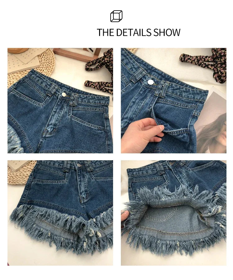 ITOOLIN Women Vintage Tassels Denim Shorts Button Loose High Waist A-line Jean Shorts Casual Women Office Trousers Streetwear