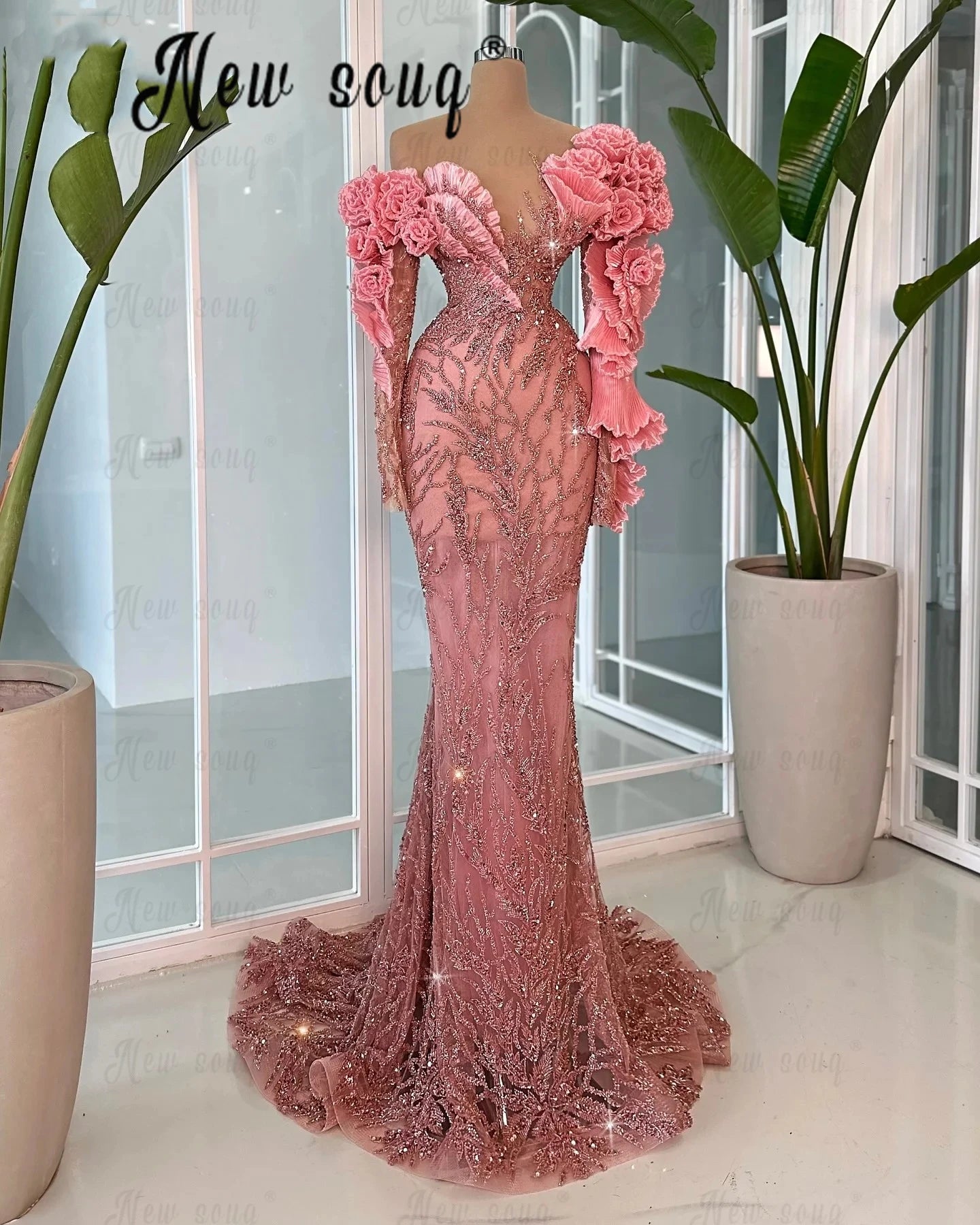 Pink Beaded Mermaid Evening Dress Long Formal Luxury Wedding Party Gowns 2025 Arabic For Black Girls Ceremony Prom Dresses