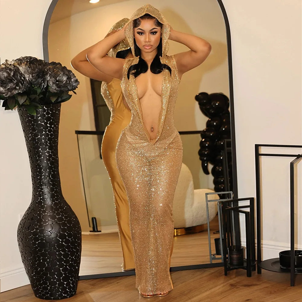HLJ Sexy Deep V Perspective Sequin Hooded Bodycon Party Club Dresses Women Backless Sleeveless Slim Vestidos Fashion Clothing