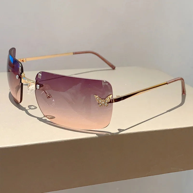 Y2K Luxury Brand Designer Rimless Square Sunglasses Women For Female Trendy Sun Glasses Diamond Butterfly Pink Punk Shades UV400