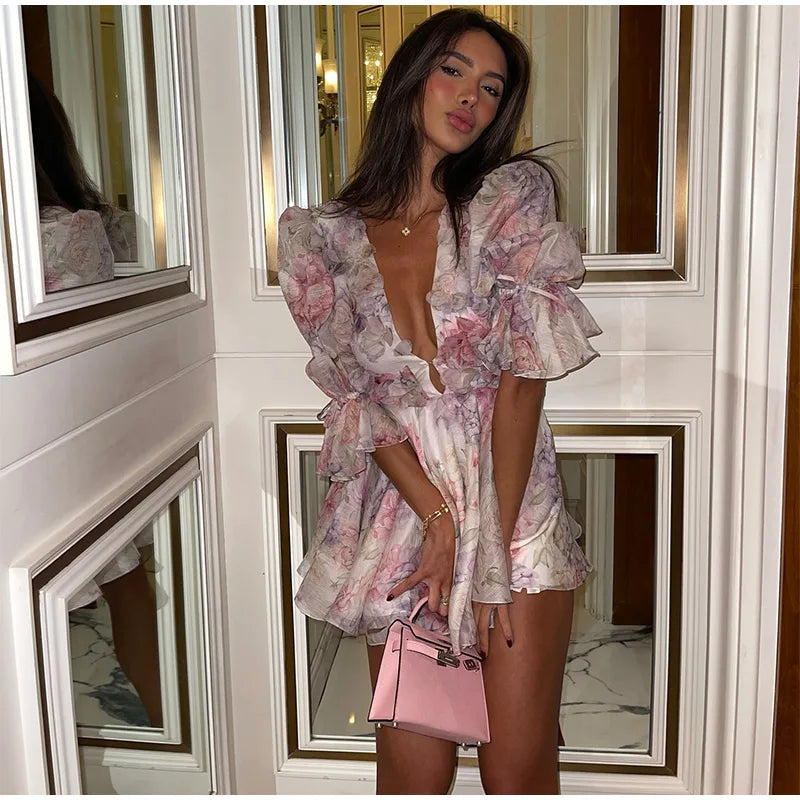 Women Tie-dye 3d Flower Deep V Neck Flare Sleeve Mini Dresses Fashion Slim Printed Multiple Pleat Vestidos New Lady Holiday Wear