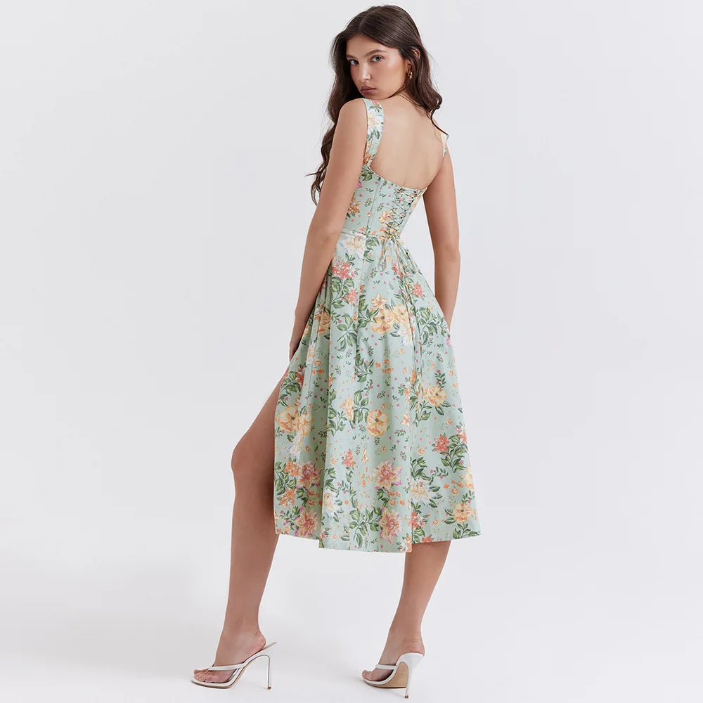 Suninheart Summer Pink Floral Print Corset Dress Midi Elegant Sexy Party Dresses Holiday Birthday Casual A Line Women Clothing