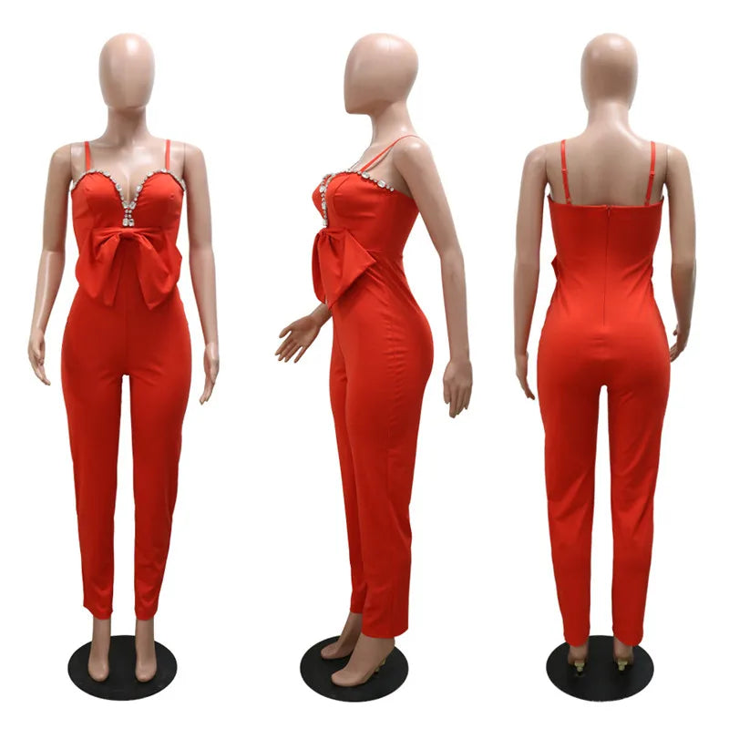 Spaghetti Strap Deep V Neck Sexy Women Straight Jumpsuits Rompers 2023 Rhinestone Big Bowknot Party Jumpsuit Birthday Outfits