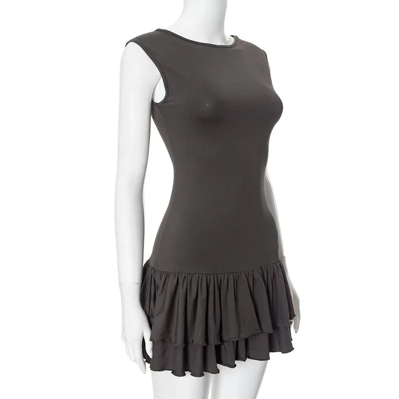 Women's Solid Pleated Short Dress Sleeveless O-neck Fashion Elegant Simple Mini Bodycon Dresses Slim Street Casual Party Holiday