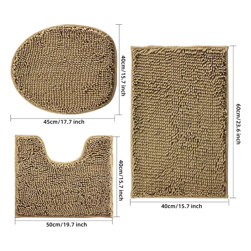 3-piece bathroom chenille floor mat, absorbent anti slip bathroom carpet, bathroom U-shaped foot mat, toilet lid, TPR anti slip