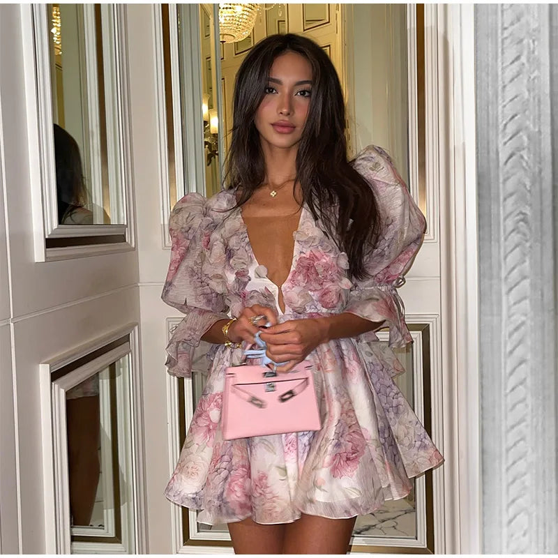 Women Tie-dye 3d Flower Deep V Neck Flare Sleeve Mini Dresses Fashion Slim Printed Multiple Pleat Vestidos New Lady Holiday Wear