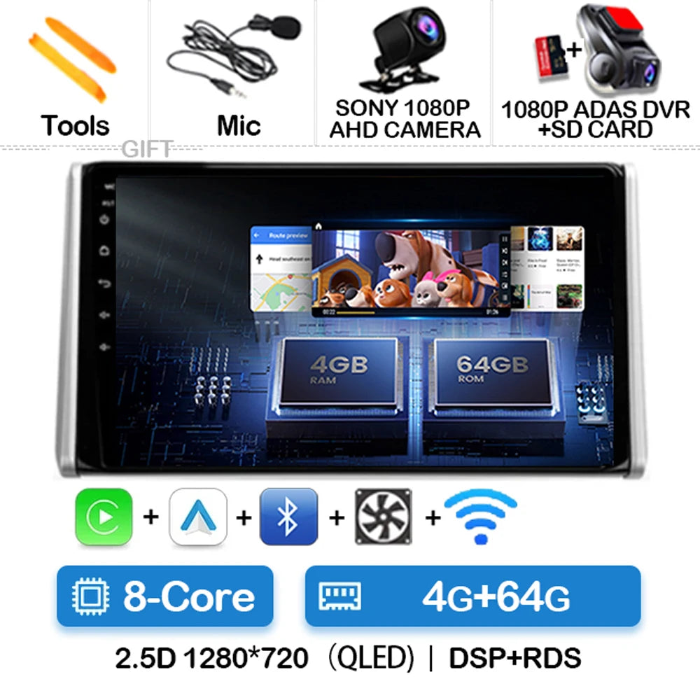 Android 14 Car Radio For Toyota RAV4 5 XA50 2018 - 2023 Multimedia Video Player Navigation GPS 2Din Carplay Auto 4G WIFI QLED BT