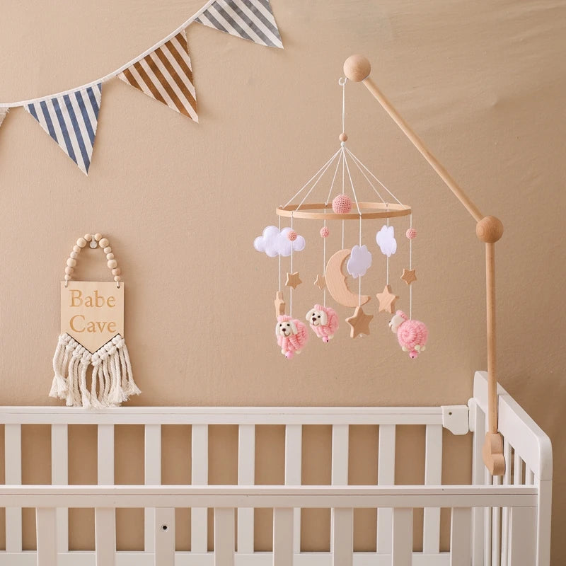 Baby Crib Mobile Bed Bell Rattle Toys Wooden Crochet Stars Pendant Bed Bell Toys Newborn Comfort Crib Bracket Hanging Toys Gifts