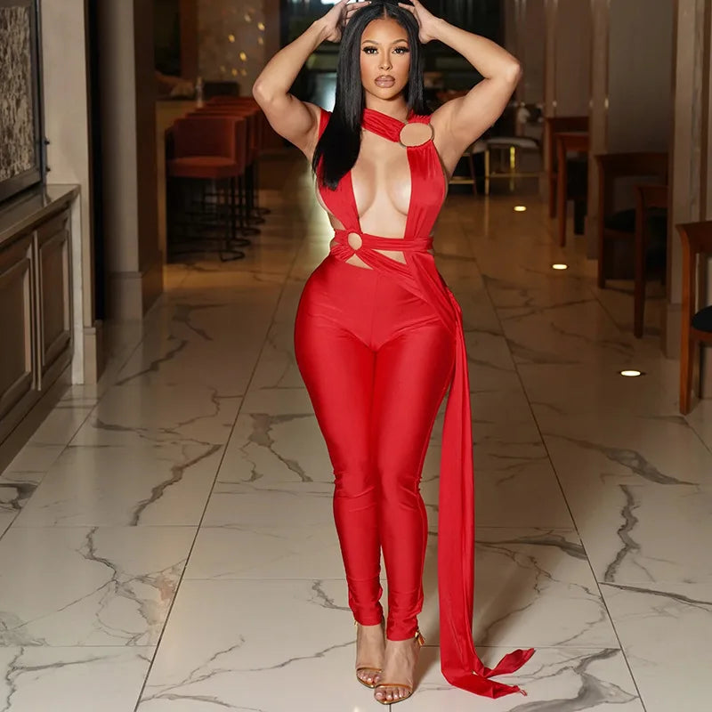Joskaa Sexy Hollow Bandage Irregular Jumpsuit Women Summer Sleeveless Backless Ribbon Skinny Rompers 2025 Midnight Clubwear