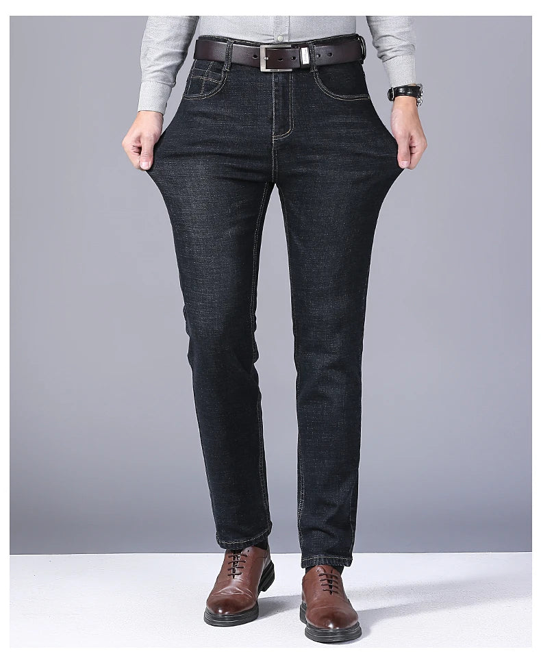 2024 New Business Men's Jeans Casual Straight Stretch Fashion Classic Blue Black Work Denim Trousers Male Brand Clothing