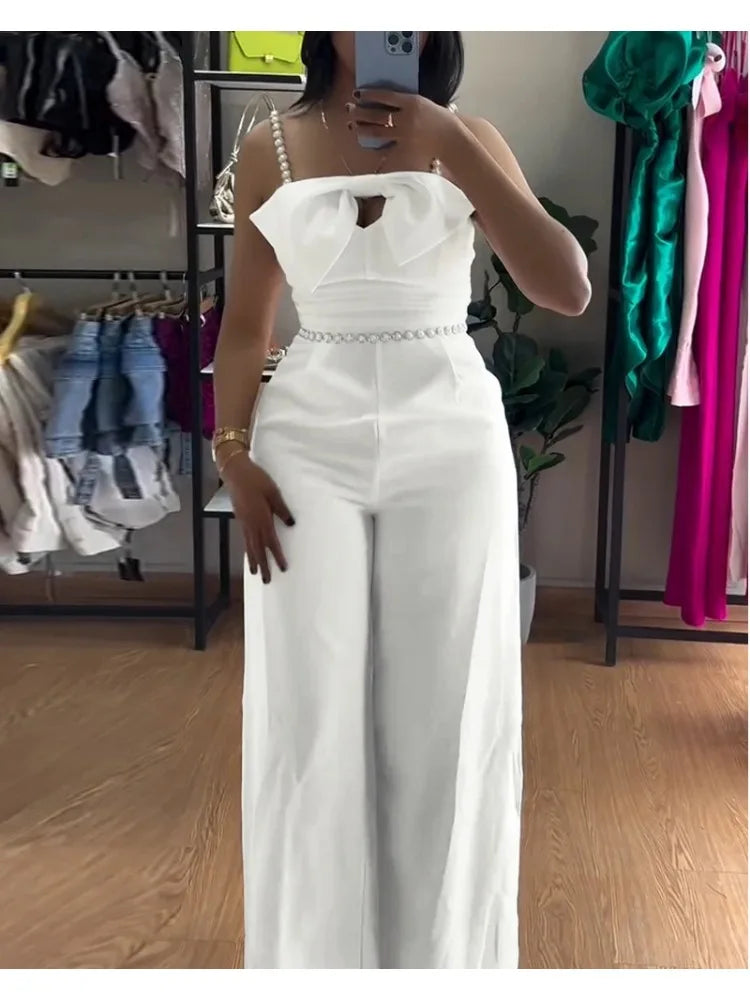 Spring New Jumpsuit Women Bandeau Beaded Spaghetti Strap Bowknot Design Ruched Slim Fit Elegant Wide-Leg Overall Female Jumpsuit