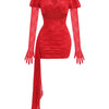 New Sexy Gloves Long Sleeves Cutout Pleated Draped Mini Dress Women Red/White Lace Floral Bodycon Dresses Party Cocktail Club