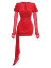 New Sexy Gloves Long Sleeves Cutout Pleated Draped Mini Dress Women Red/White Lace Floral Bodycon Dresses Party Cocktail Club