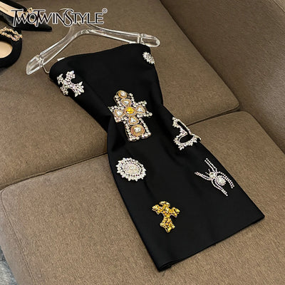 TWOTWINSTYLE Solid Spliced Diamonds Slimming Dresses For Women Strapless Sleeveless Backless Chic Dress Female Fashion KDR524979