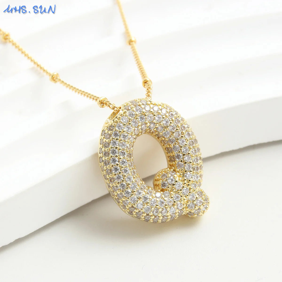 SUNSLL Cubic Zircon A-Z 26 Bubble Letter Necklace 2 Sizes Gold Plated M Chunky Balloon Initials Pendant Women Chain Jewelry 2024