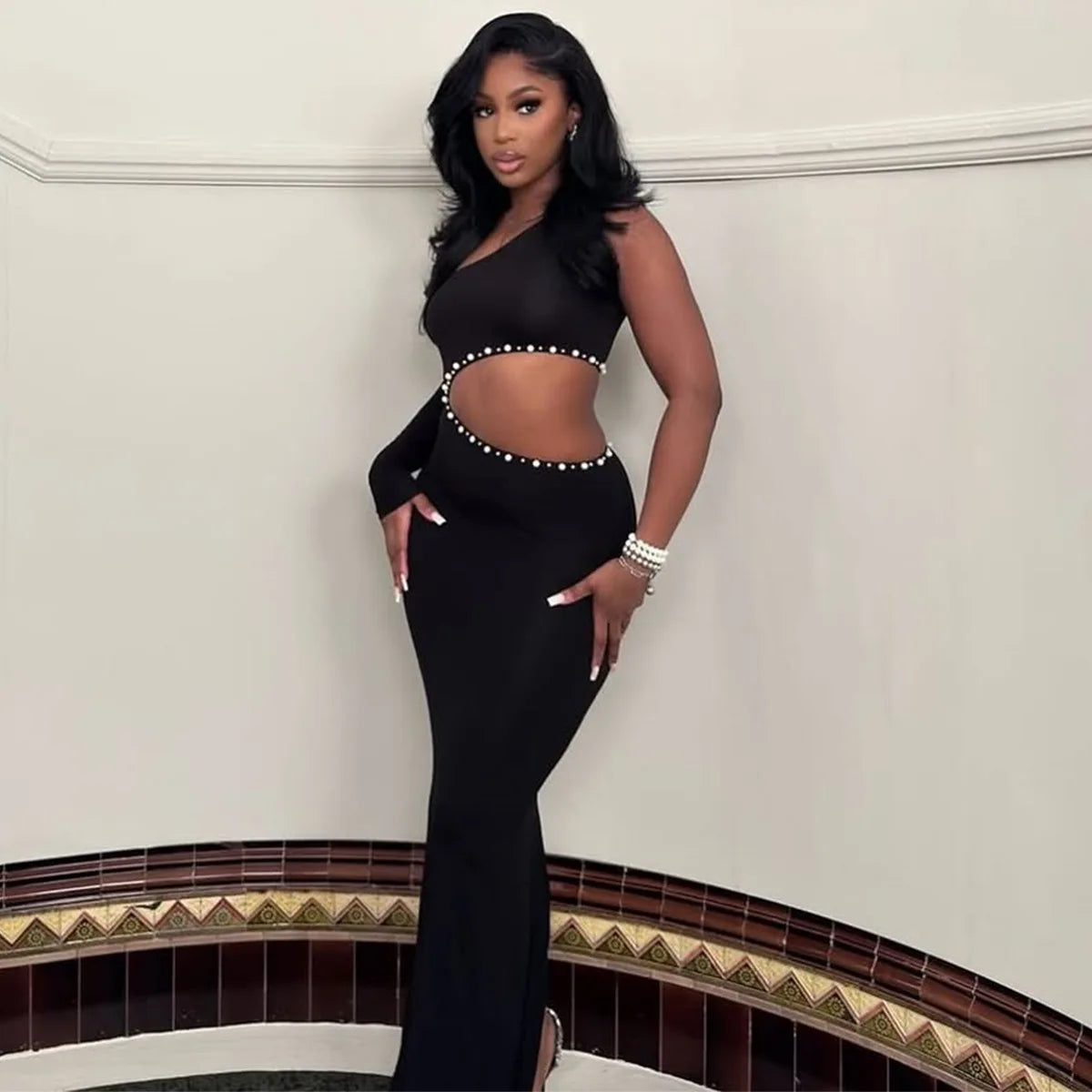 Joskaa Elegant Rhinestone Hollow Maxi Birthday Dress Woman Sexy O-Neck Single Sleeve Skinny Vestidos 2025 Evening Party Clubwear