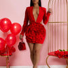 New Sexy Deep V Ruffle 3D Rose Floral White Mini Dresses Woman Long Sleeve Slim Bodycon Vestidos Elegant Birthday Prom Clubwear