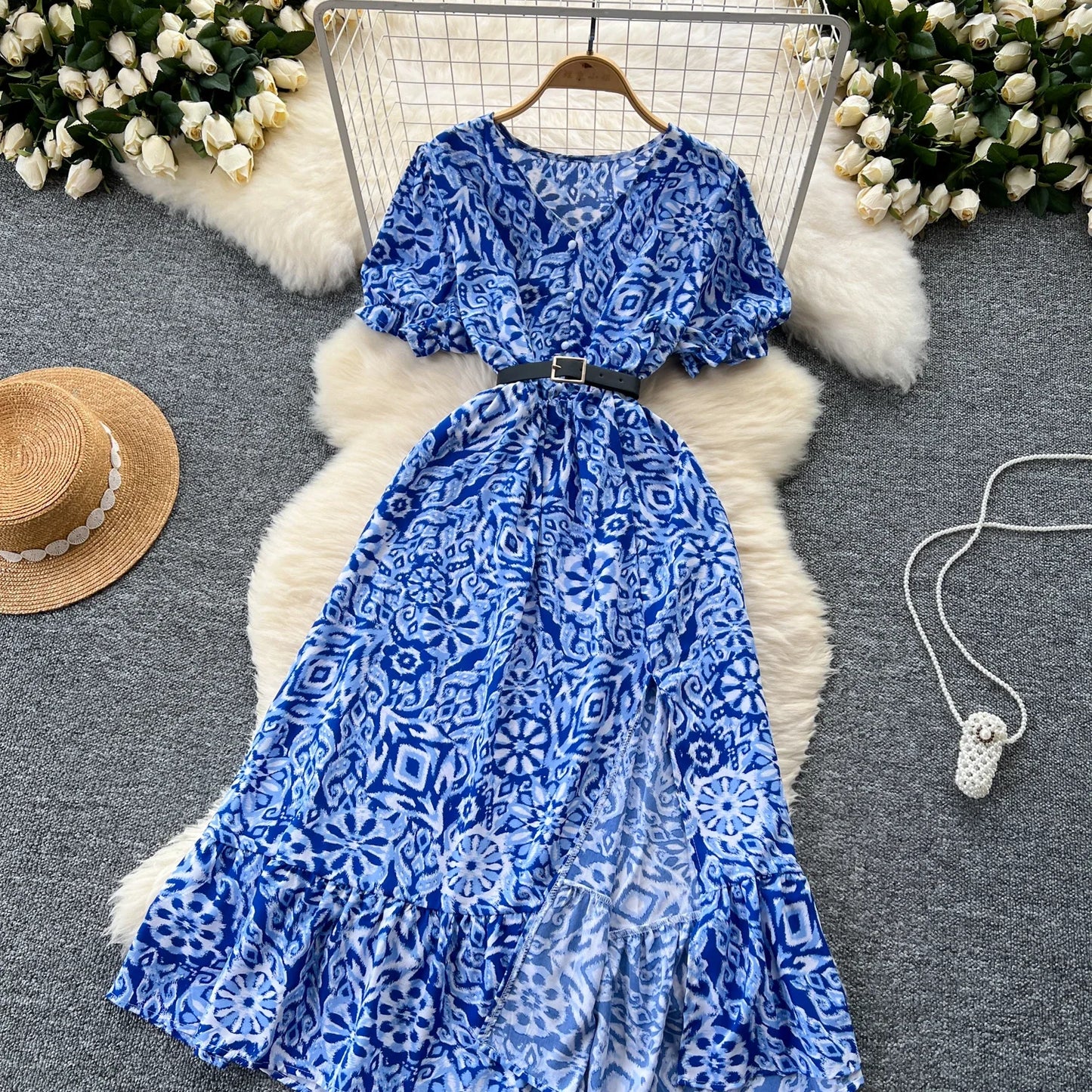 Summer Pleated Women Buttons Dresses Casual Beach Holiday Short Sleeve V Neck Woman Midi Dress Bohemian Mujer Vestidos