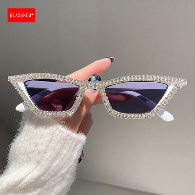 KLASSNUM Luxury Cat Eye Sunglasses Women Men Fashion Diamond Triangle Brand Designer Glitter Sun Glasses UV400 Shades Eyeglasses
