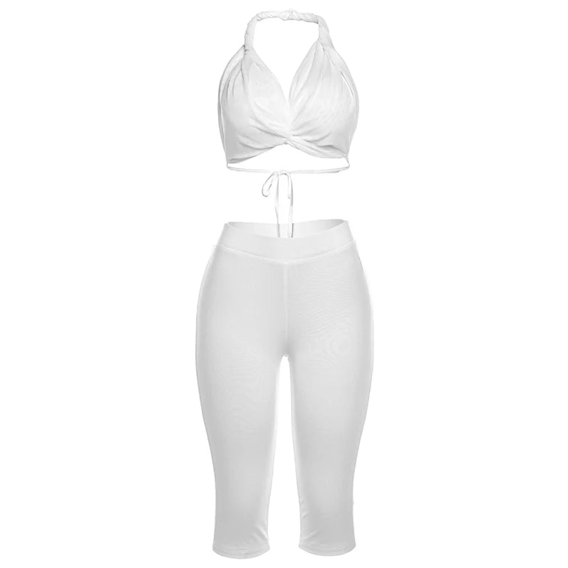 Nibber Sexy See Through Women 2 Piece Set Summer Trend Mesh Thin Whip Halter Tank Tops+Wide Waist Shorts Matching Street Outfits