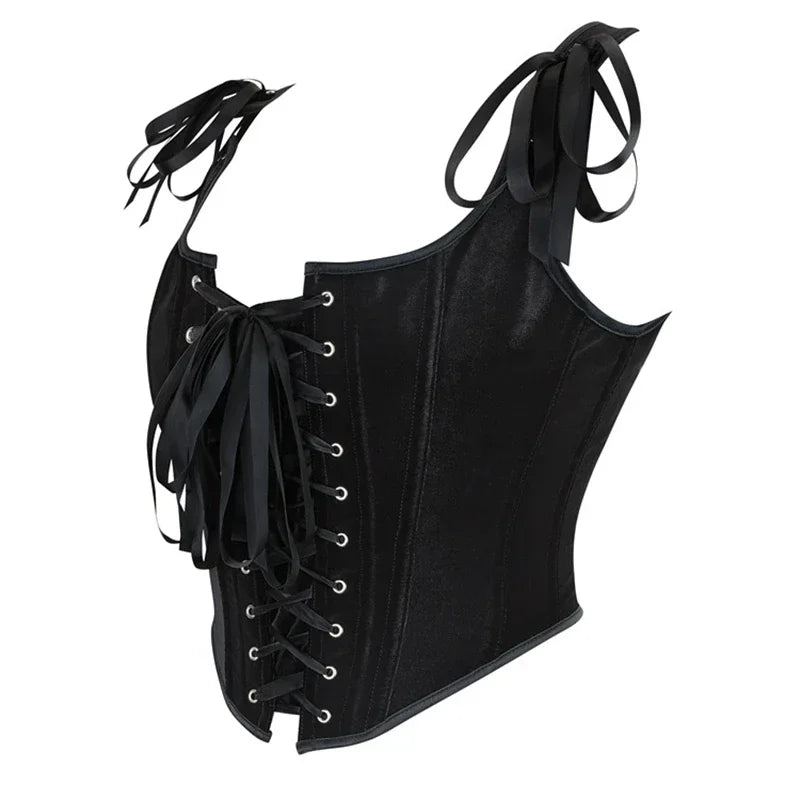 Black Velvet Sexy Overbust Corset Crop Tops Women Front Lace Up Side Zipper Shoulder Strap Bustier Vest Slimming Shaper Camis