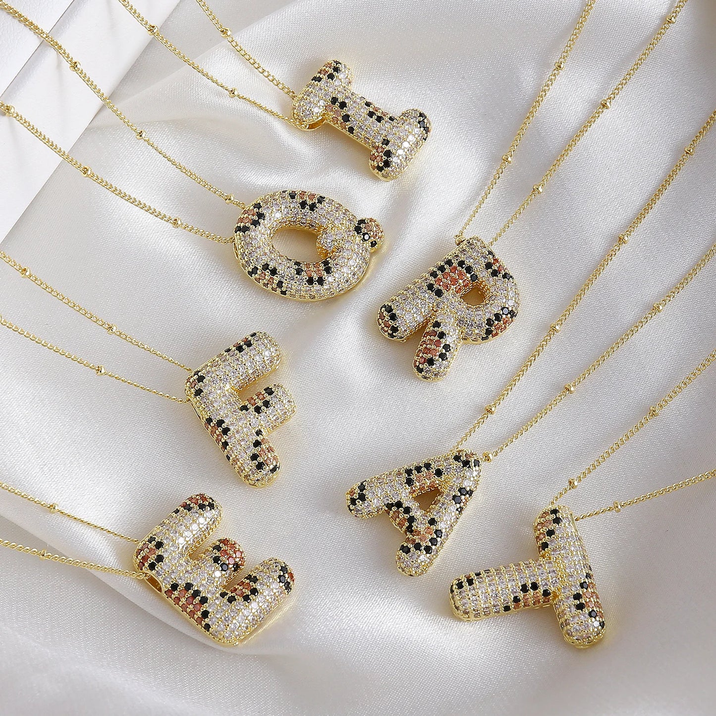 MHS.SUN New Leopard Bubble Letter Necklace Gold Plated Chunky Bubble Zircon 26 Initial Pendant Necklace Women Fashion Jewelry