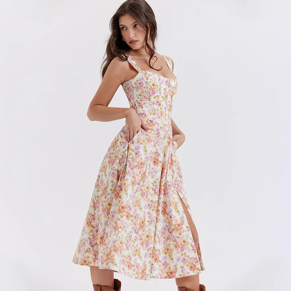 Suninheart Summer Pink Floral Print Corset Dress Midi Elegant Sexy Party Dresses Holiday Birthday Casual A Line Women Clothing