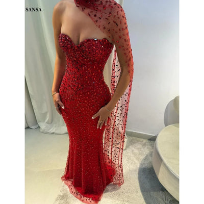 Sansa Customized Red Mermaid Glitter Strapless Prom Dresses Floor-Length Backless vestidos de festa