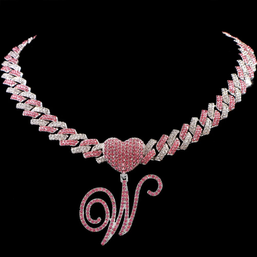 Hip Hop Bling Pink Crystal Cursive Initial Letter Cuban Necklace for Women Iced Out Paved Cuban Chain Necklace Choker Jewelry
